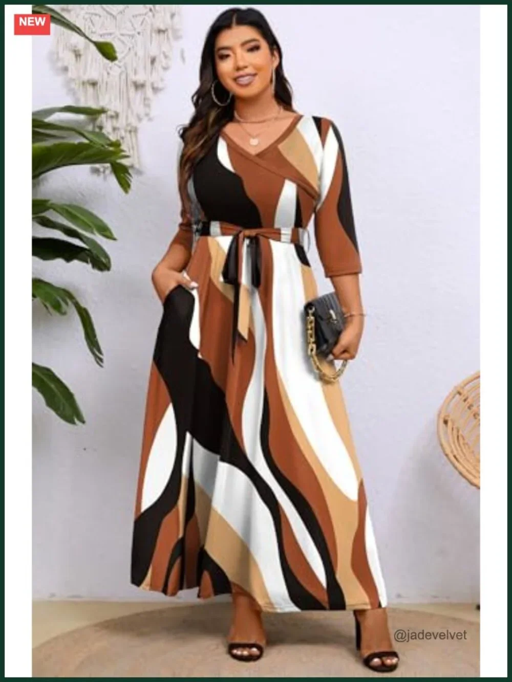 Women's Plus Size Maxi Dress V-Neck 3/4 Sleeve Floral Flowy with Pockets & Belt